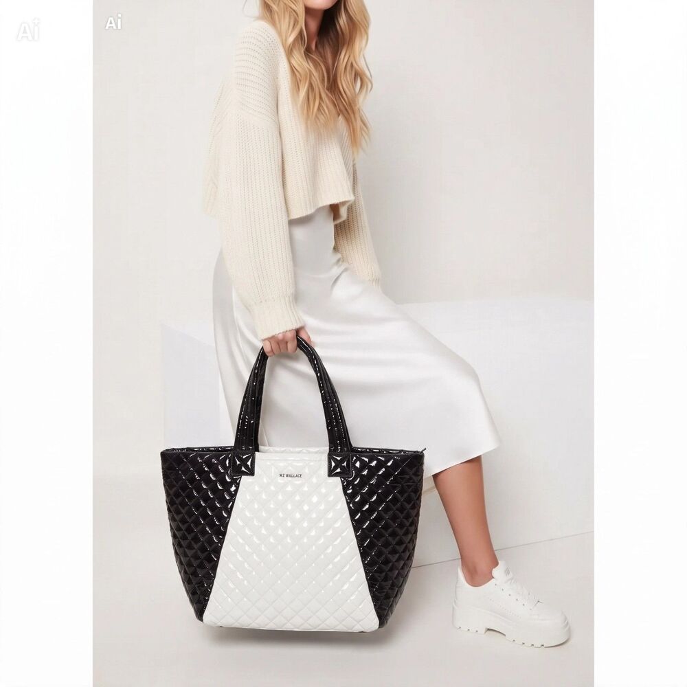 MZ Wallace Black/Snow Lacquer Large Metro Tote Deluxe